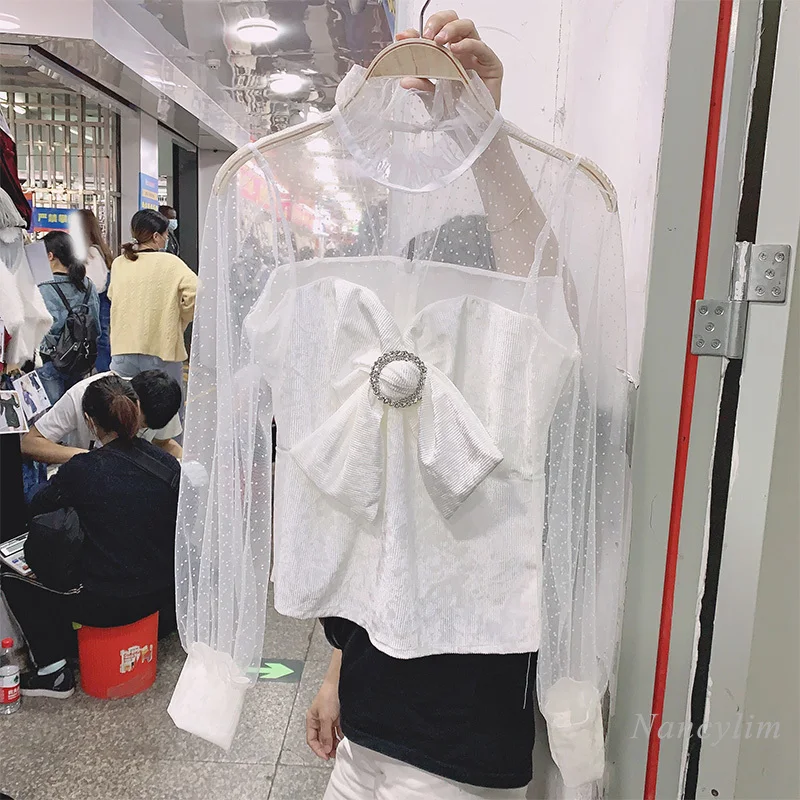 

Dot Mesh Stitching Velvet Blouse Woman 2021 Spring New Sexy Backless Slim Fit Bow Shirt Girls Lady Tops Nancylim