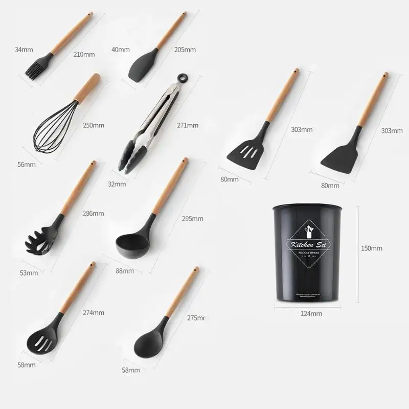 12 шт силиконовые кухонные принадлежности для приготовления пищи набор термостойких кухонных антипригарных инструментов с деревянной ручкой для выпечки с коробкой для хранения