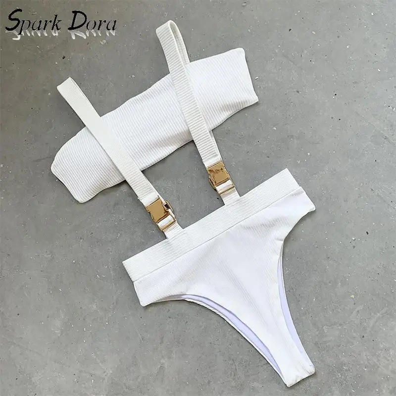 SparkDora 2020 New Sexy High Waist Bikini Swimwear Women Solid Swimsuit Bandeau Push Up Bikini Set Belt Bathing Suits Beach Wear
