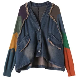 Splicing cowboy casaco feminino baggy primavera outono contraste lavagem de água angustiado hip hop namorado com decote em v quimono estilo demin jaqueta