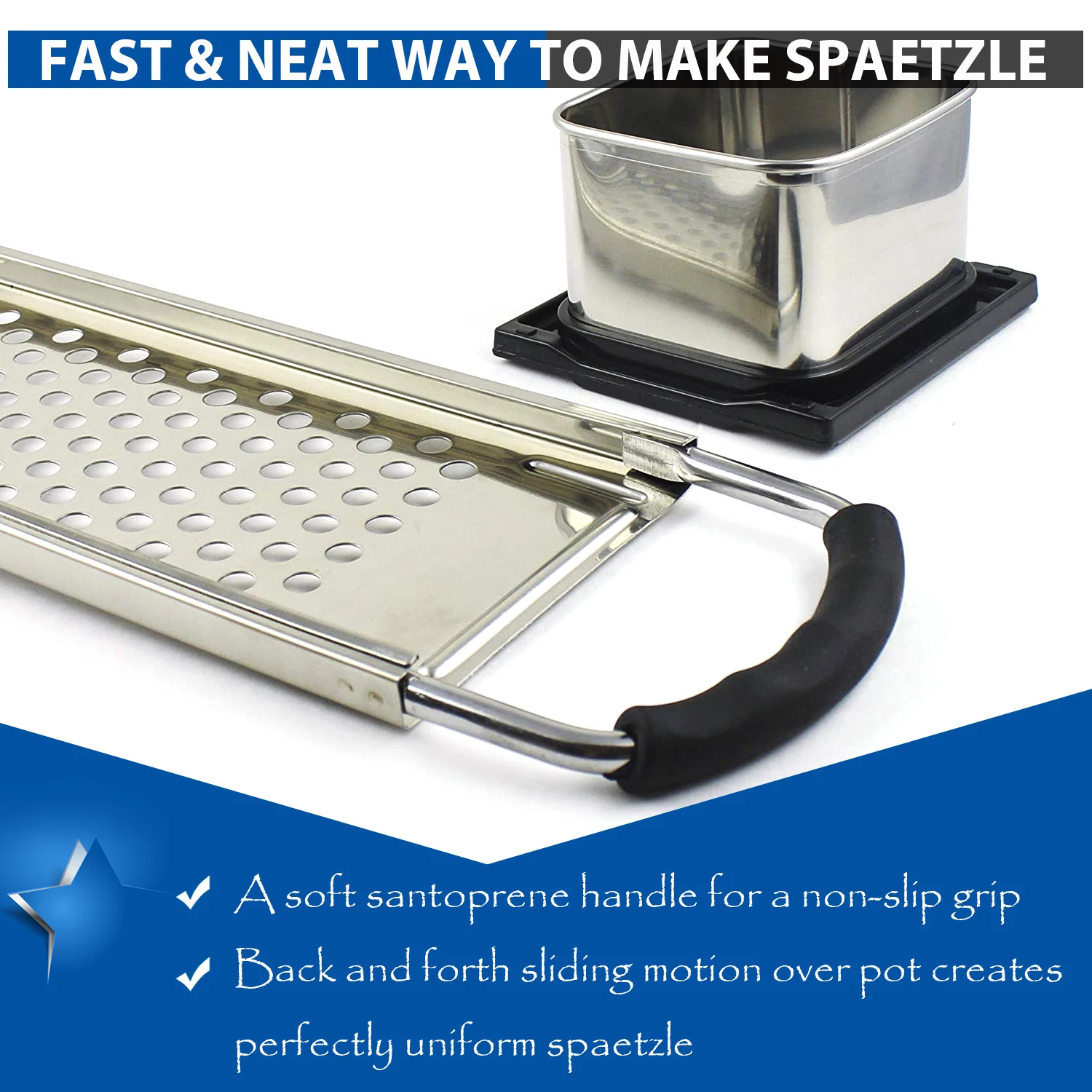 Stainless Steel Spaetzle Maker Lid with Scraper Traditional German Egg Noodle Maker Pan Pot Spaghetti Strainer