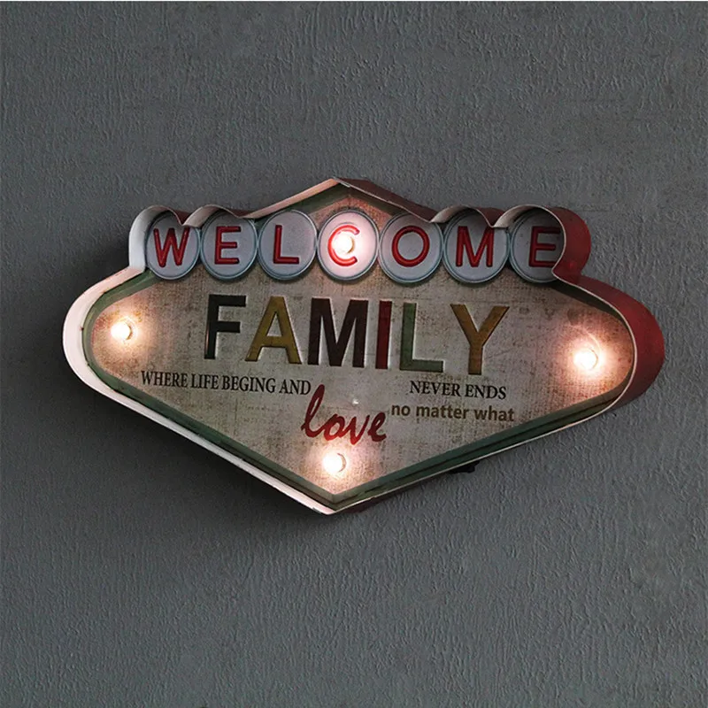 

American Country Retro Wrought Iron LED Lamp Wall Decoration FAMILY Letter Wall Hanging Personality Ornament Iron Painting