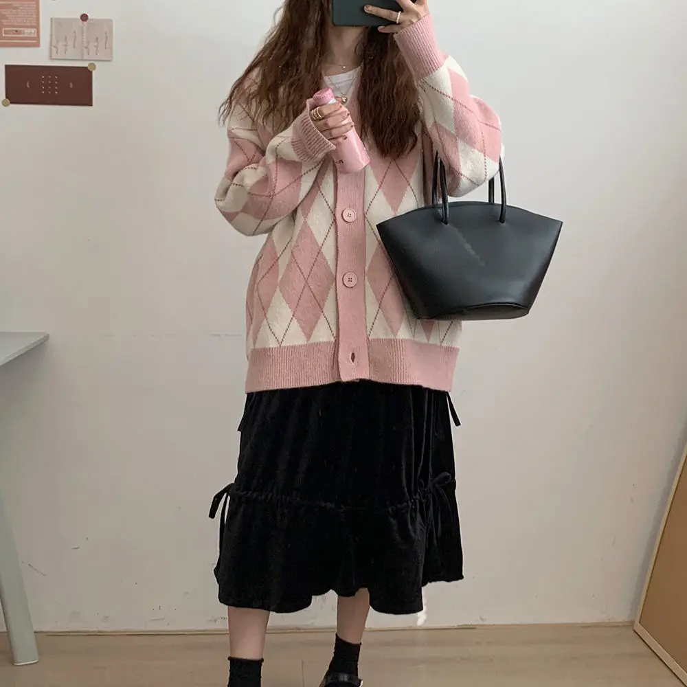 ladies cardigans Cardigan Women Knitted Sweater korean style Loose Single Breasted V-neck pink black Knitwear Winter sweaters pull oversize femme pink sweater