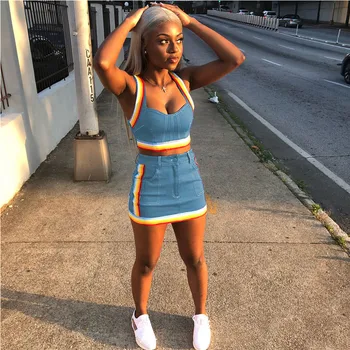 

Sexy Women Two Pieces Suit Tacksuit Denim Rainbow Striped Tank Bustiers Corsets Crop Tops High Waist Mini Pencil Skirt Dress New