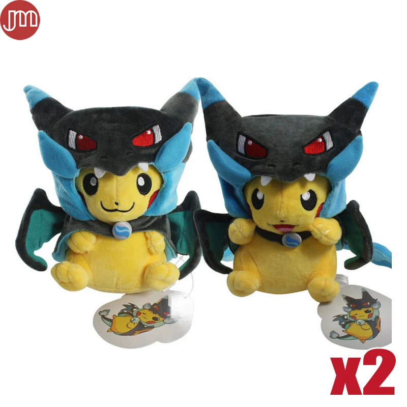 2 шт. Пикачу с X Charizard шляпа Мягкая Плюшевая кукла улыбка смех стиль милый желтый синий около 22 см