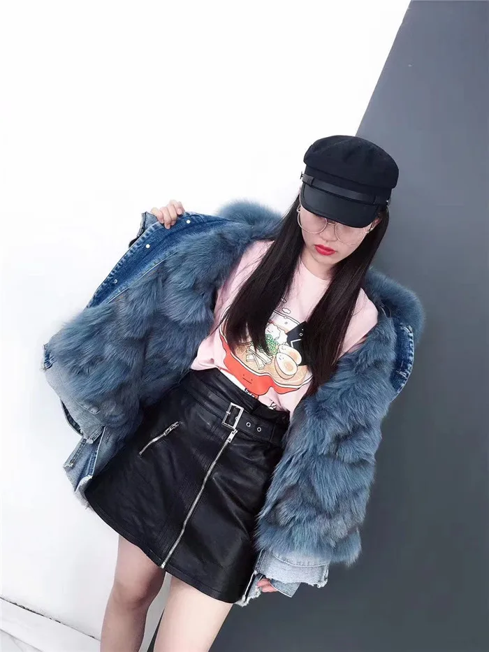 real fur coat Winter Jacket Women Coat Real fox Fur lined denim jacket Parka back letter print