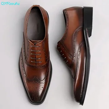 

QYFCIOUFU Italian Black brown Autumn Mens Dress Shoes Lace Up Genuine Leather Wedding Oxfords Business Office Formal Shoes