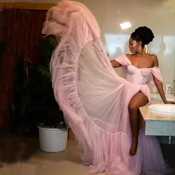 YiMinpwp Pink Prom Dresses Off Shoulder Backless Thigh-High Slits Sweep Train Pleats Tulle Long Formal Women Evening Party Gowns