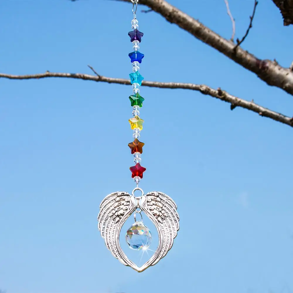 H&D Chakra Crystal Guardian Angel Wings Suncatcher Rainbow Maker Collection with Crystal Ball Hanging For Home Garden Decoration