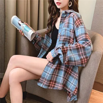

Autumn Plaid Women's Long Shirts Loose Single Breasted Long Sleeve Pocket Female Shirt 2020 New Casual Korean Vintage Lady Tops