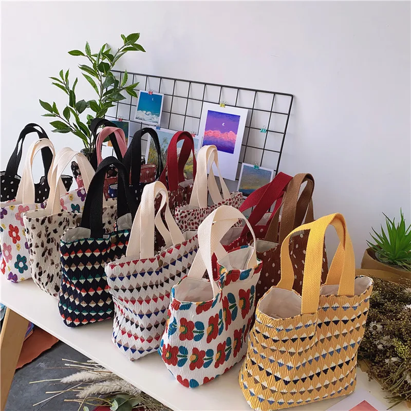 

Hand-held Mini Cotton Shopping Bags Solid Handbags Women Girl Vintage Canvas Tote Casual Shoulder Bag Hasp Lunch Bucket Bag