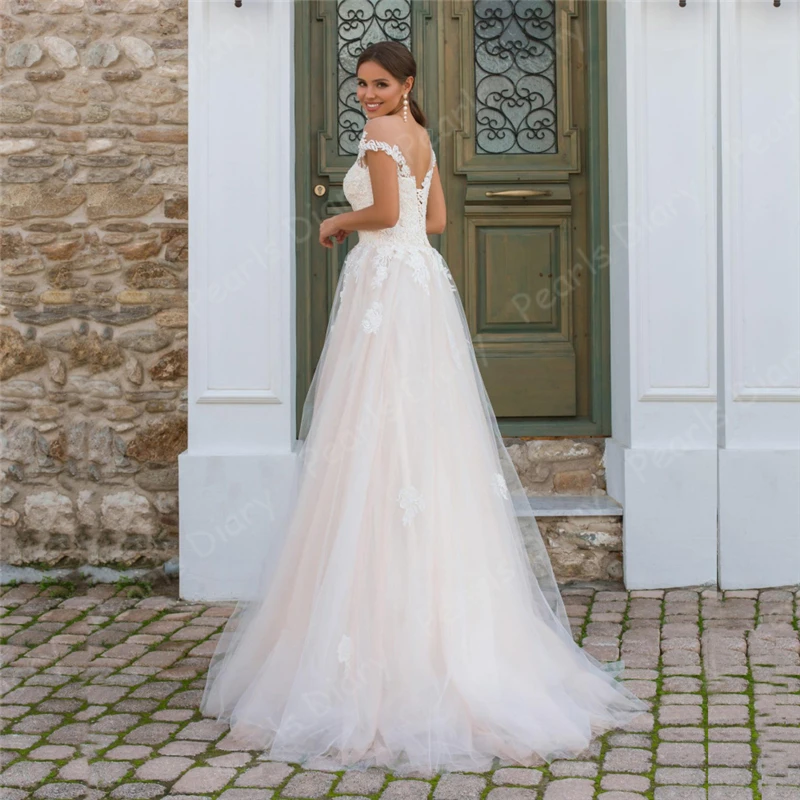 New-Pink-Princess-Wedding-Dress-Sheer-O-Neck-Cap-Sleeve-Applique-Bridal-Dresses-Robe-Mariee-Tulle (2)