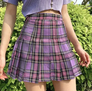 

Summer sexy plaid pleated skirt women