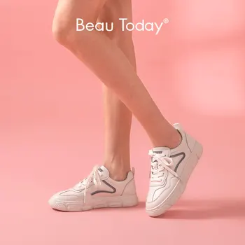 

BeauToday White Sneakers Women Genuine Cow Leather Round Toe Cross-Tied Thick Sole Spring Lady Casual Flat Shoes Handmade A29542