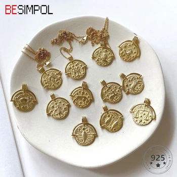 

Besimpol 925 Sterling Silver Twelve Constellation Necklace Gold Emboss Zodiac Pendant Necklace for Women Fine Silver 925 Jewelry