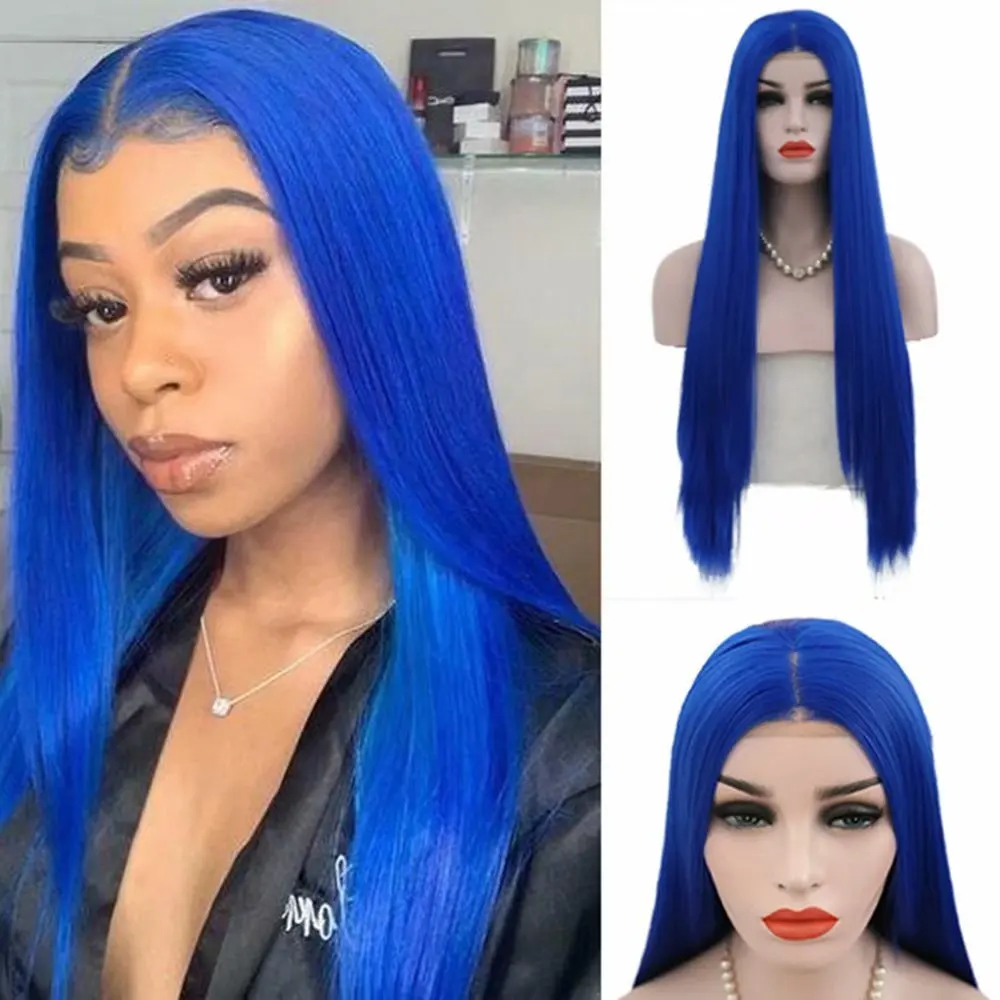 Aimeya Silky Straight Synthetic Royal Blue Lace Front Wig Half Handed