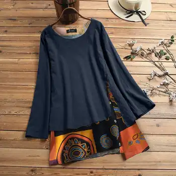 

2020 Vintage Patchwork Tops Oversized Tunic Women's Irregular Blouse Casual Chemise Long Sleeve Shirts Female O Neck Blusas