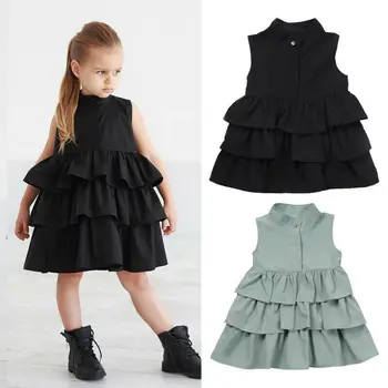 

Toddler Kids Baby Girls Pure Color Casual Summer Dresses Sleeveless Layered Wave Dress Sundress Clothes 1-6Y