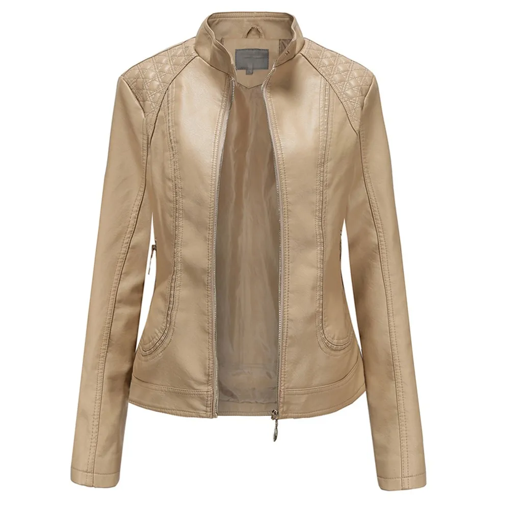 

JAYCOSIN faux leather Jacket Women Stand Collar Winter Autumn Motorcycle Jacket Beige Outerwear faux leather PU Jacket 2019 Coat
