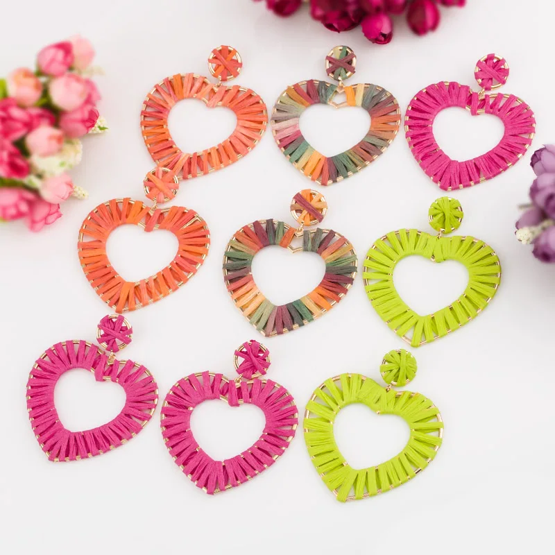 Sehuoran Statement Raffia Heart Drop Earrings New Brand Design Boho Oorbellen Young Girls Handmade Wedding Fashion Jewelry Gifts (15)