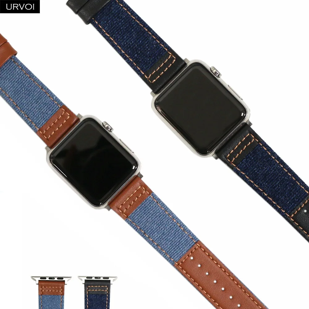 Кожаный ремешок URVOI для Apple Watch series 7 6 SE 5 4 3 2 1 джинсовый сшитый браслет iWatch 40 41 44 45 мм