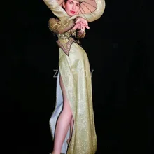 Новинка, черные золотые стразы, прозрачное платье с длинным рукавом, женская певица, одежда для танцоров, дня рождения, празднования, выпускного вечера