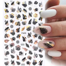 1PC Gold Black Laser Leaves Tree 3D Nail Sticker Holographics Geometrics Lines Adhesive Transfer Sticker DIY Nail Decoration