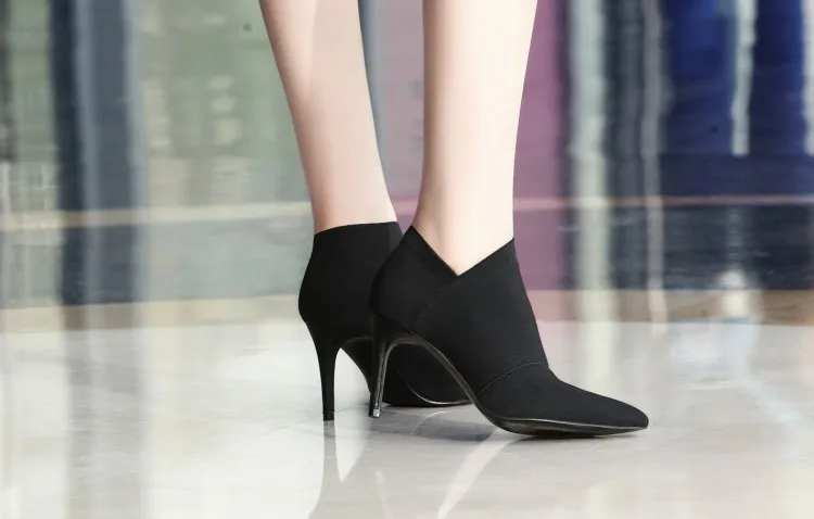 Grey Fashion Women High Heel Booties Large Size 34-41 Female High-Heeled Boots Young Ladies Booties 8.5cm Heel Cloth Boots