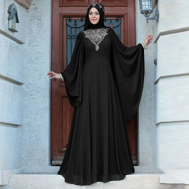 

WEPBEL Fashion Women Muslim Dress Arab Dubai Folk-custom High Waist Plus Size Loose Abaya Butterfly Sleeve Robe Big Swing Dress