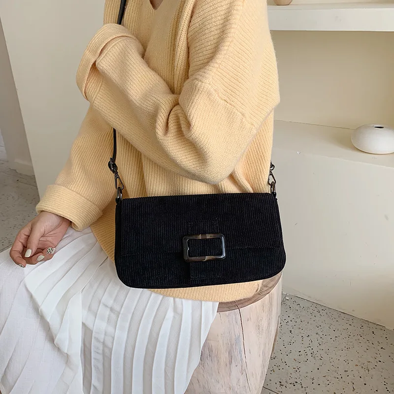 

Corduroy Retro Baguette Bag 2019 Winter New Style Versatile Handbag Shoulder Armpit Bag Women's