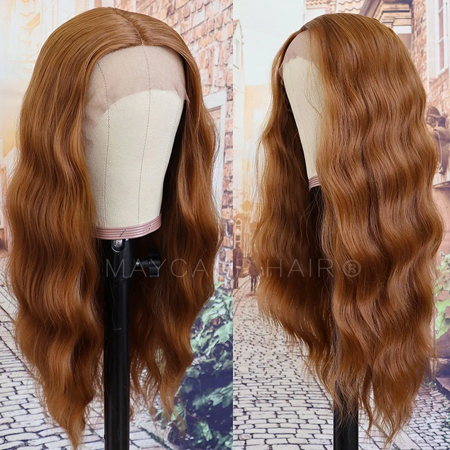 Maycaur #30B Ginger Color Wavy Synthetic Lace Front Wigs Heat Resistant Fiber Glueless Hair for Black Women (6)