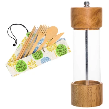 

1 Set Bamboo Cutlery Set Wooden Fork Spoon Chopsticks & 1 Pcs 8 Inches Manual Salt Pepper Mill Grinder