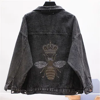

Jeans Jacket Women Basic Coat Spring Autumn Fashion Beading Diamonds Denim Jacket Lapel Long sleeve Loose Jeans Coat Female