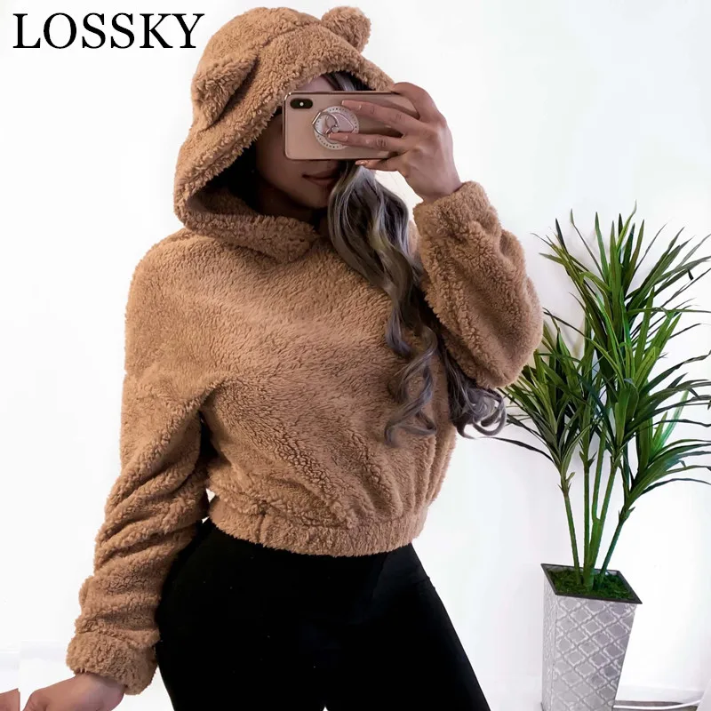 

Women Autumn Bear Ears Warm Plush Hoodies Shoulder Crop Top Teddy Casual Pullover Kawaii Sweatshirts Harajuku Hooded Hoody 2019
