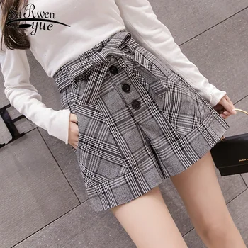 

2019 Autumn Winter Fashion Grey Khaki Women Short Pants High Waist Women Shorts Casual Lattice Bow Button Shorts Women 6305 50