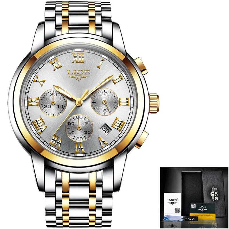 Модные новые мужские s часы LIGE классический дизайн зеленый Циферблат Бизнес часы мужские водонепроницаемые полностью Стальные кварцевые часы Relogio Masculino - Цвет: gold white