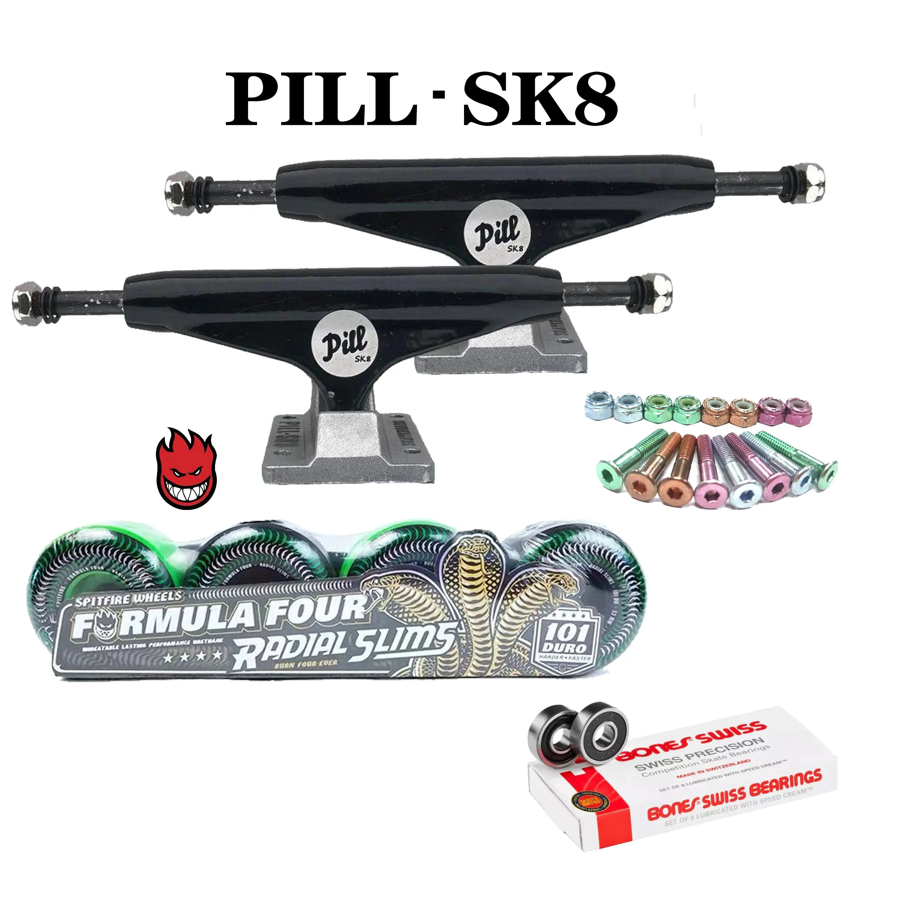 PILL skateboard trucks Spitfire skateboard wheels BONES REDSskate