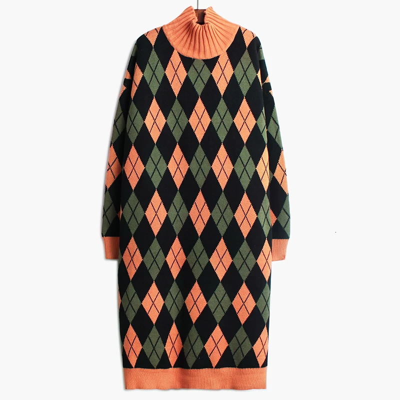 [EAM] женское трикотажное платье контрастного цвета большого размера, новое модное Свободное платье с высоким воротником и длинным рукавом, весна-осень, 1K390 - Цвет: orange