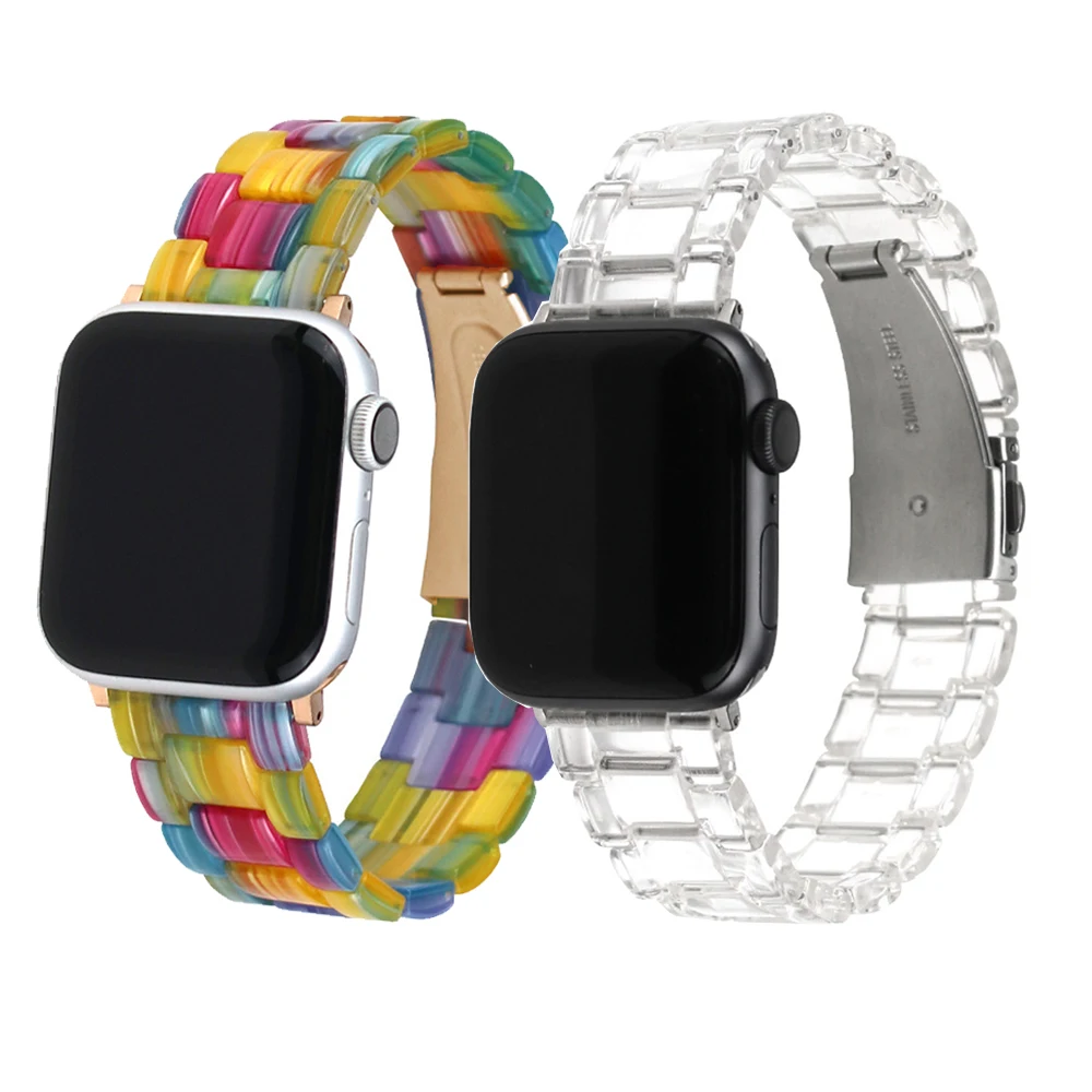 

Resin Watch Band for Apple Watch 44mm 40mm 42mm 38mm iwatch Series 5 4 3 2 1 Transparent Rainbow Strap Watchband Bracelet Correa