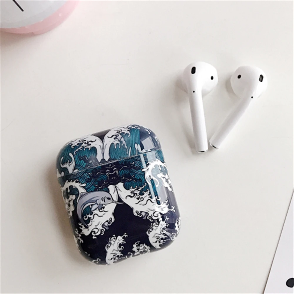 

Luxury Japan The Great Wave Hard PC Dust Guard Bag For Apple AirPods 1 2 Wireless Earphone Shell Protective Case Cover