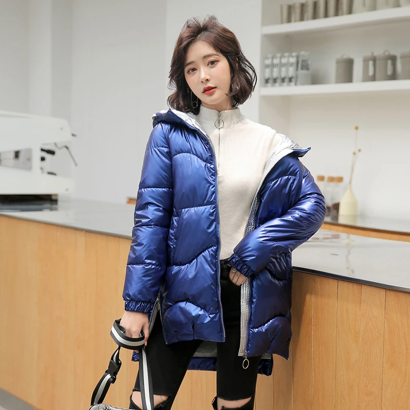 

2020 New Fashion Glossy Parka After short before long Winter Jacekt Women Short Hooded Parka Coat Female Casual