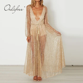 

Ordifree 2020 Summer Women Long Party Dress Long Sleeve Sexy Transparent Gold Sequin Tull Maxi Dress