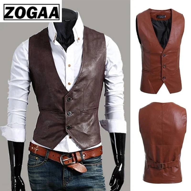 ZOGAA Men's Slim Vest Sleeveless Jacket Casual PU Leather Vests Button Open V-neck Geek Simple Joker Fit Men | Мужская одежда