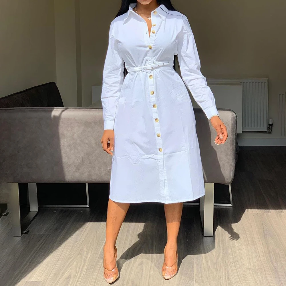 Fashion White Shirt Dress Elegant Office Ladies Long Sleeve Loose Plain  Turn Down Collar Female Solid Midi Dress Summer Spring - Dresses -  AliExpress