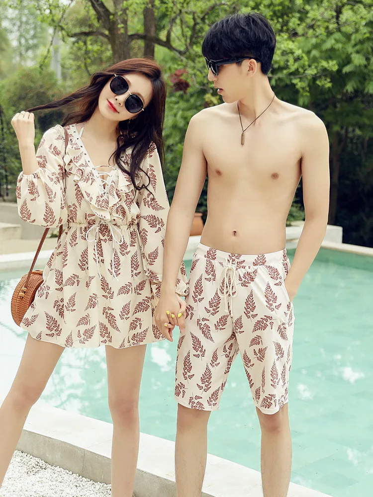 

2019 New Style Bathing Suit Fashion Sweet Couples Bathing Suit Ladies Bikini Three-piece Set MEN'S Beach Shorts 1951