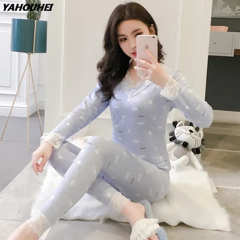 

2019 Autumn Winter Lace V-neck Thermal Underwear Sets For Women Long Sleeve Print Thick Warm Body Shaper Pajamas Sleepwear Suits