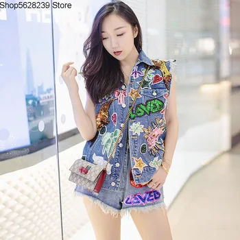 

2020 Sleeveless Cowboy Horse Clip Coat Sequins Embroidery Chao Cowboy Waistcoat Female