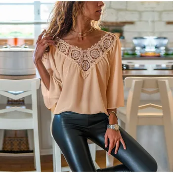 

Women Lace Blouse 3/4 sleeve V-neck Patchwork Hollow Blouses Tops Elegant Chiffon OL Spring Summer Casual Solid Female Plus Size