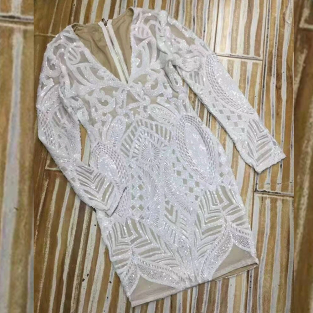 White Новое Белое Сетчатое сексуальное открытое платье с блестками, v-образный вырез, длинный рукав, мини Клубное осеннее платье, платья для вечеринок,, Festa - Color: White