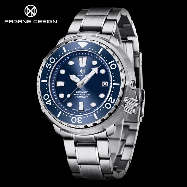 PAGRNE DESIGN Men's 45MM Large Dial Automatic Watch Diver 300M Waterproof Sports Clock Classic Luxury Mechanical Wristwatch Men 